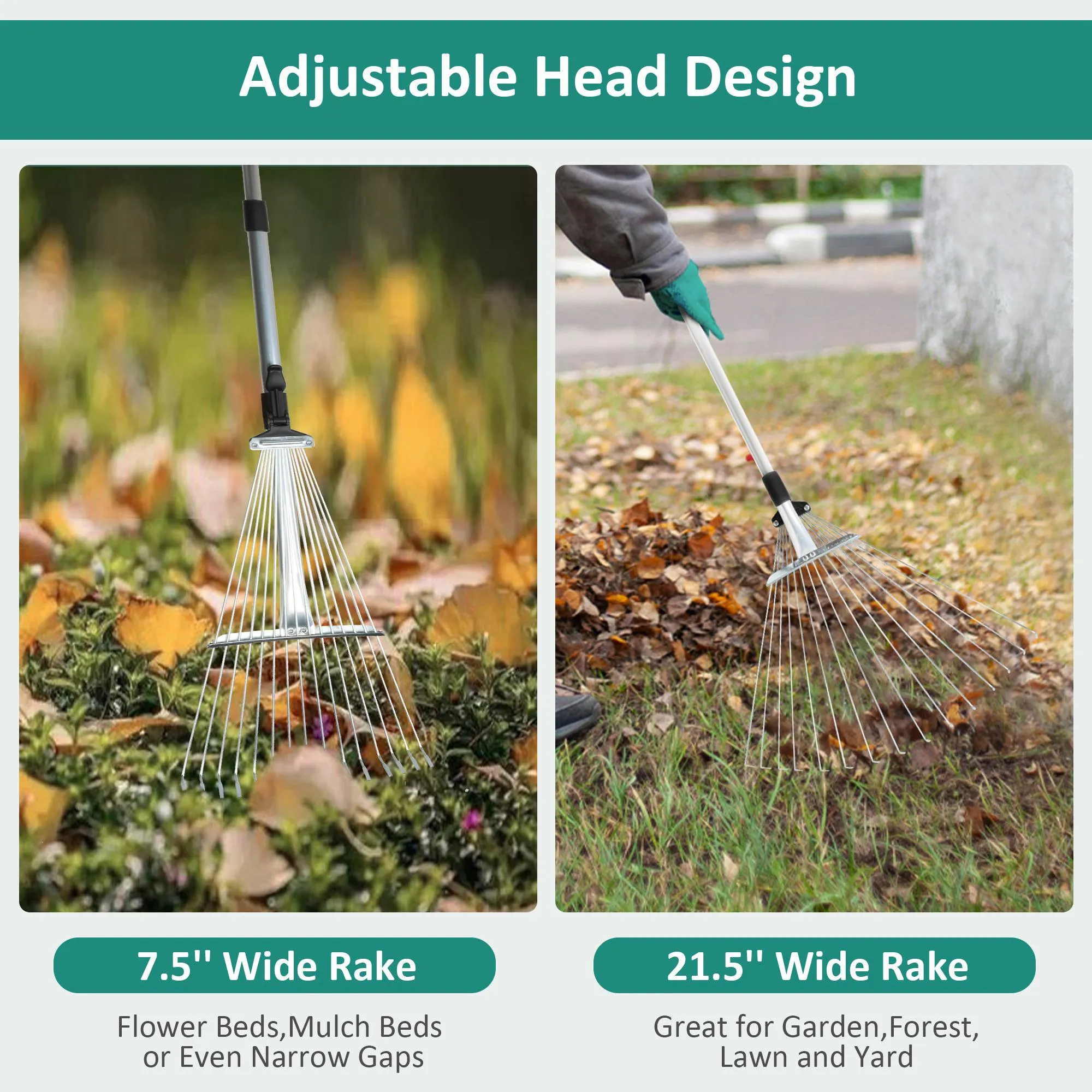 Metal Leaf Rake Set, Comes with Large Leaf Scoop, 2 Garden Bags, 1 Pair of Work Gloves, Leaf Clean-Up Tool