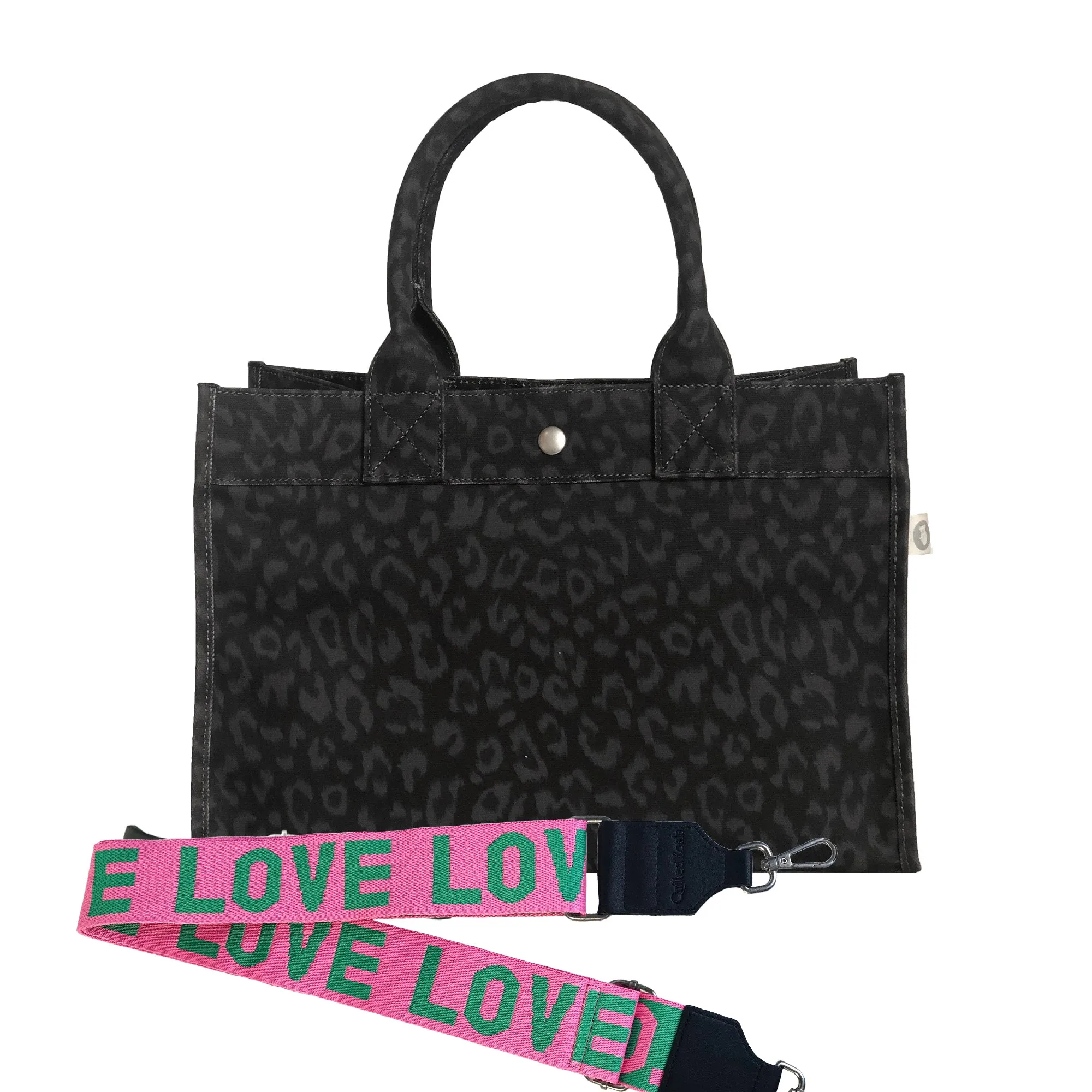 Monogram Stripe: Midi East West Bag- Black Leopard