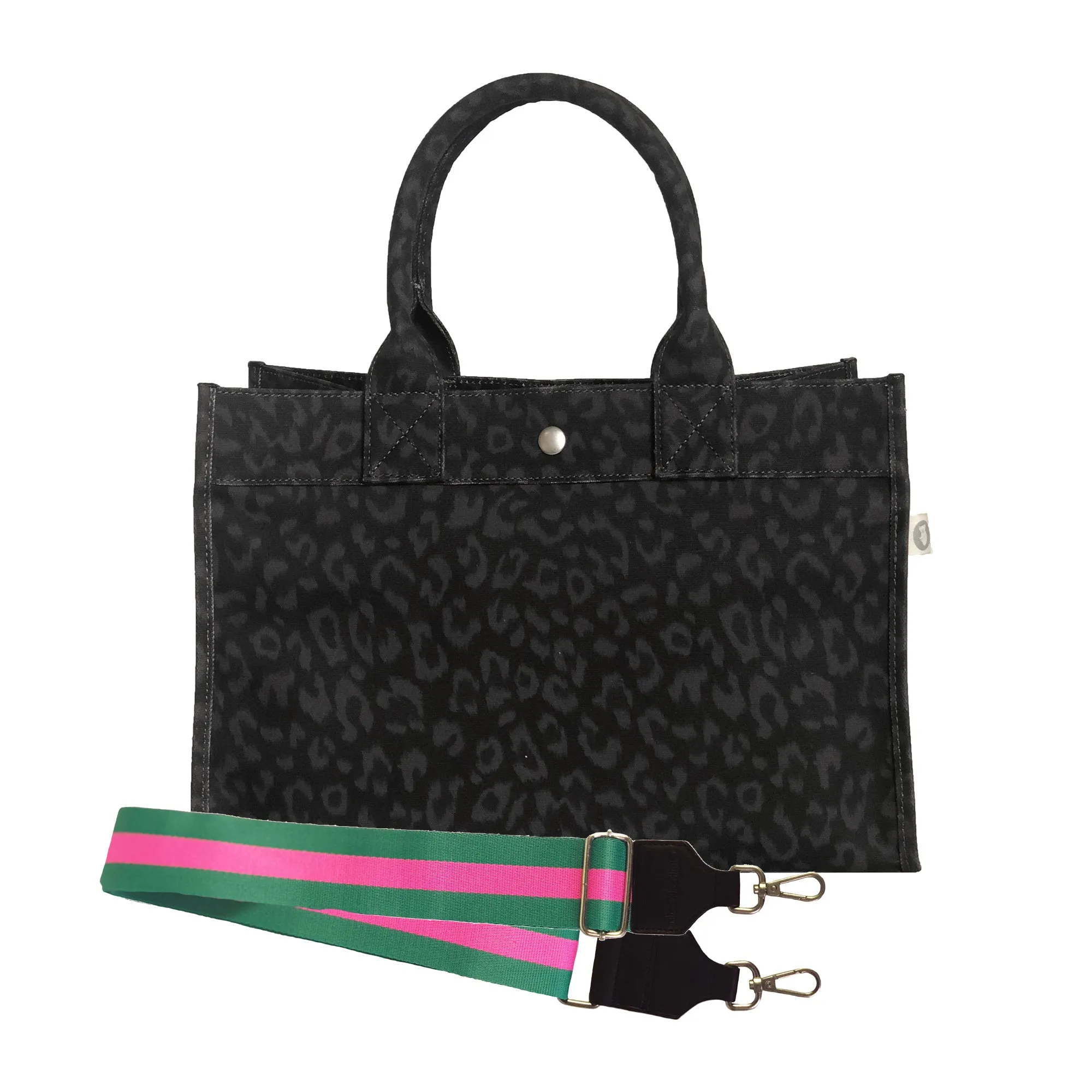 Monogram Stripe: Midi East West Bag- Black Leopard