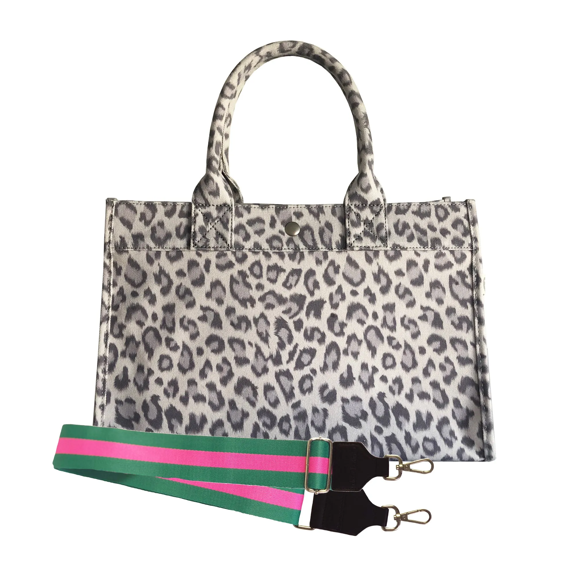 Monogram Stripe: Midi East West Bag- Grey Leopard