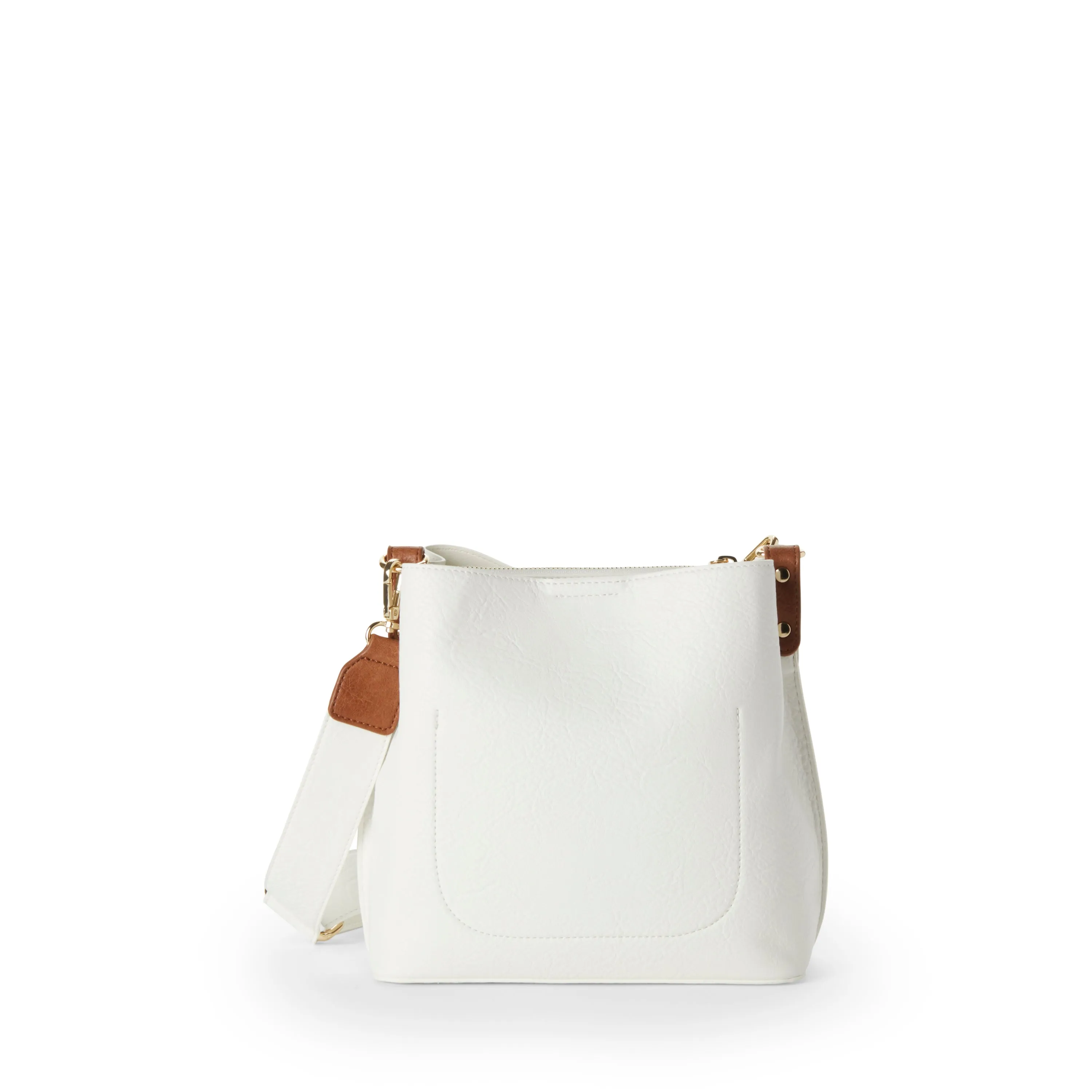 NAOMI Vegan Crossbody Bucket Bag in White   Camel