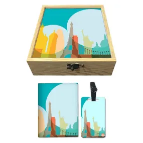 Passport Cover Luggage Tag Wooden Gift Box Set - Eight Wonders