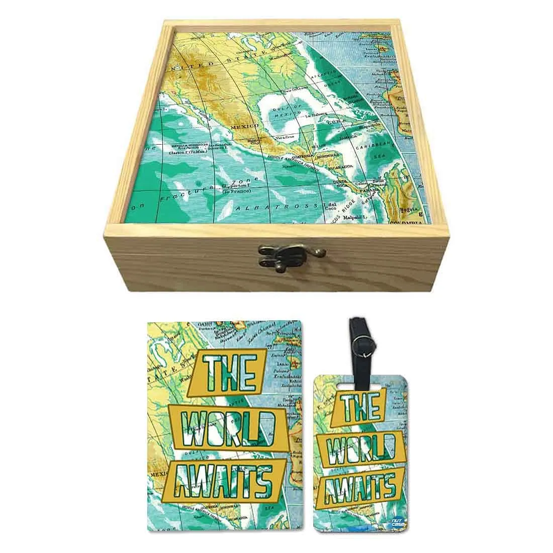 Passport Cover Luggage Tag Wooden Gift Box Set - The World Awaits