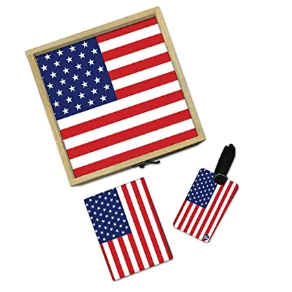 Passport Cover Luggage Tag Wooden Gift Box Set - US Flag