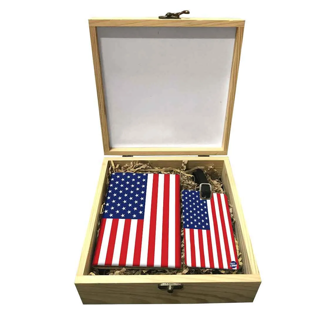 Passport Cover Luggage Tag Wooden Gift Box Set - US Flag