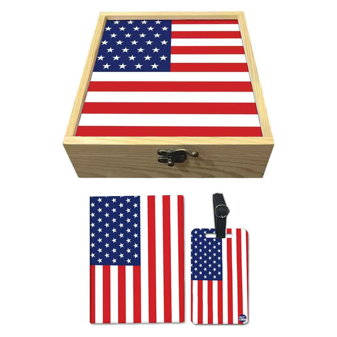 Passport Cover Luggage Tag Wooden Gift Box Set - US Flag