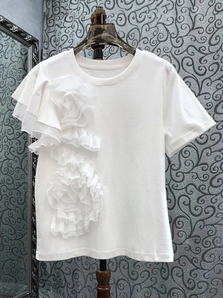 Pre Order:  3D Flower Ruffled Edge Short Sleeve T-Shirt