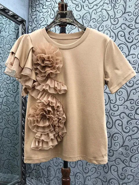 Pre Order:  3D Flower Ruffled Edge Short Sleeve T-Shirt