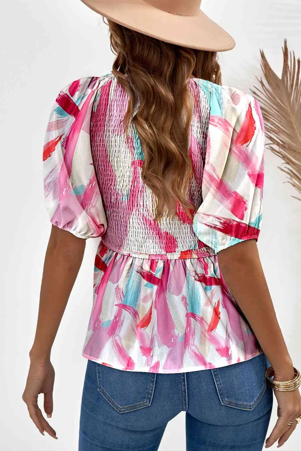 Printed V-Neck Babydoll Blouse