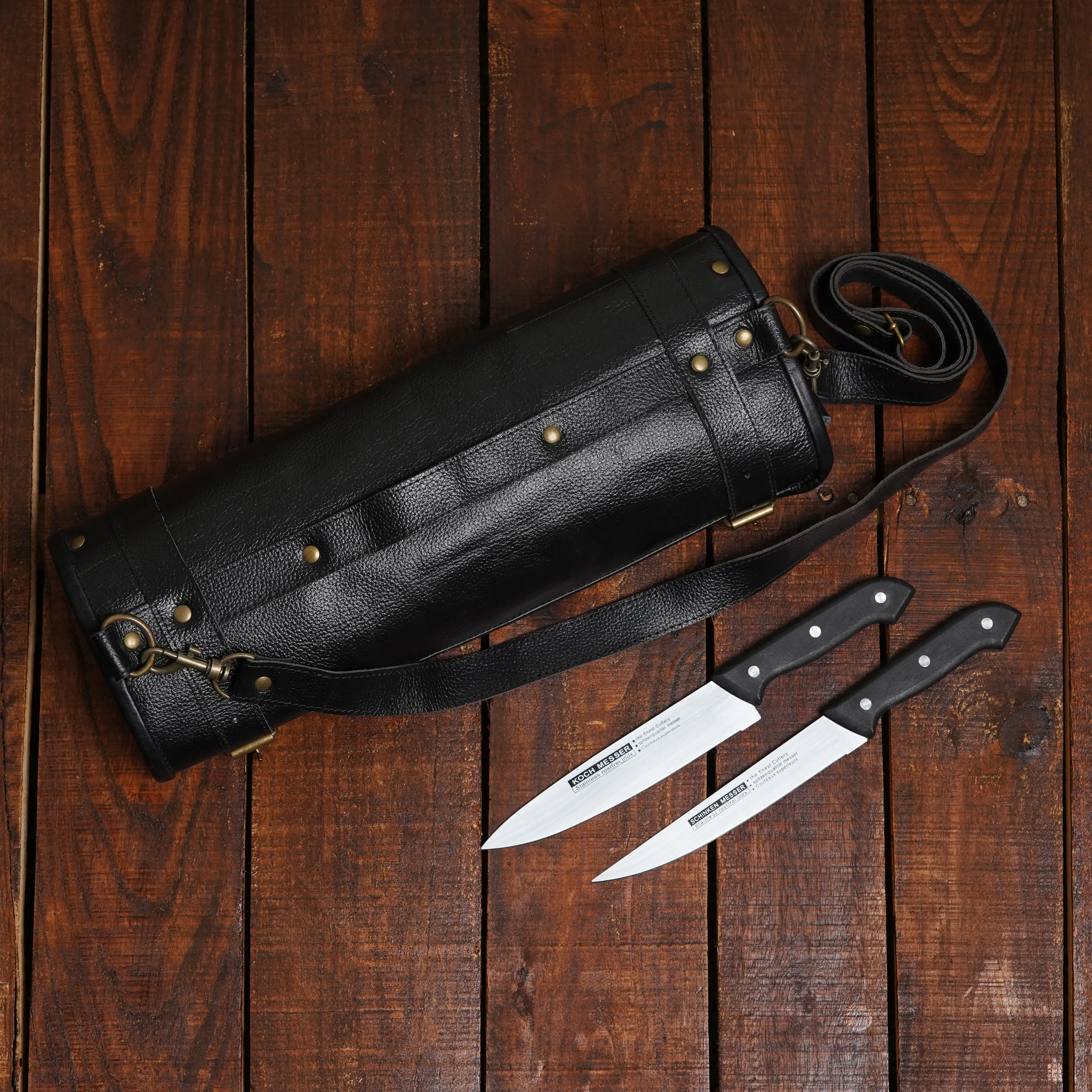 Professional Grade Black Leather Knife Roll