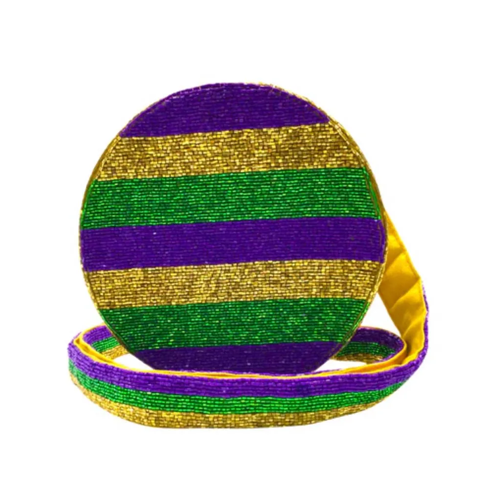 Purple, Green, and Gold Circle Mardi Gras Bead Bag with Strap