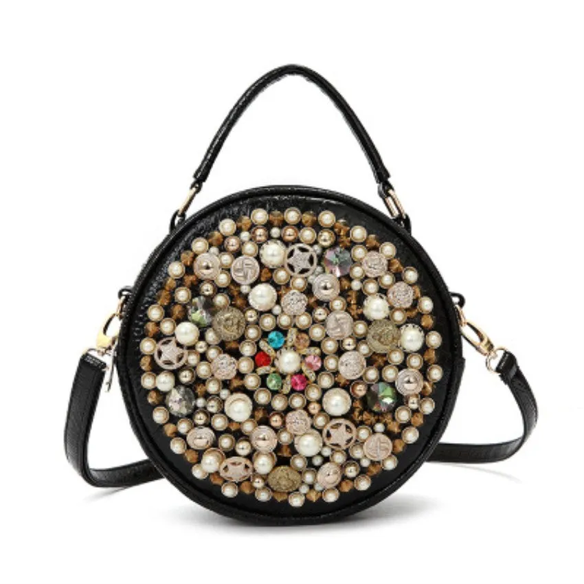 Round Leather Beaded Rhinstone | Vintage Style Bag