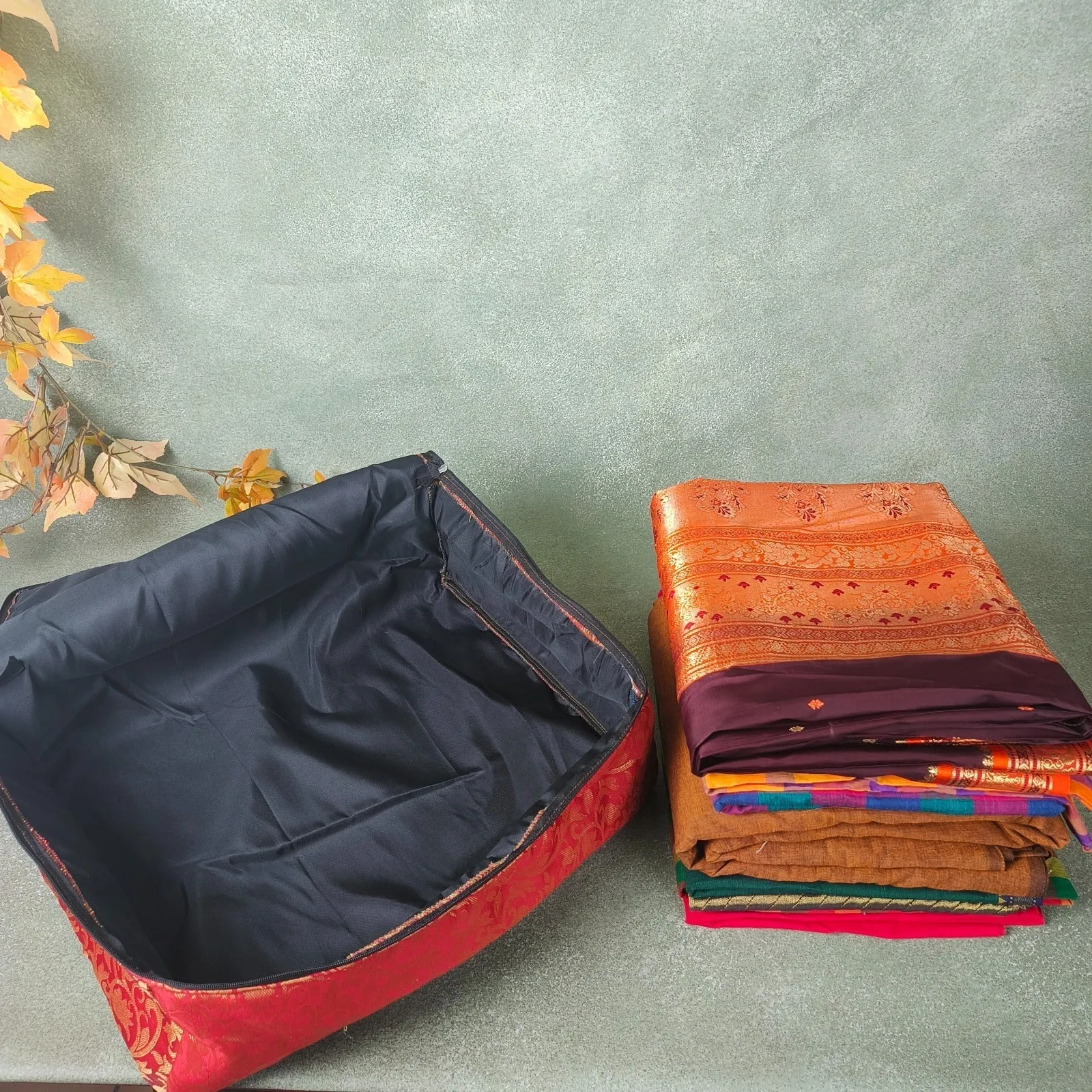 Saree Storage Bags Brown Colour With Golden Colour Small Leaf Design.