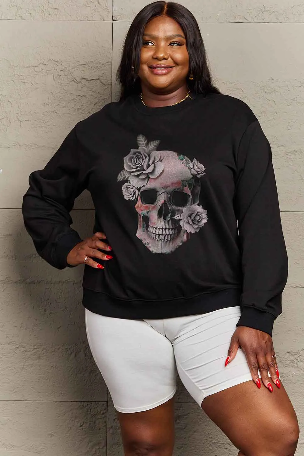 Simply Love Simply Love Full Size Dropped Shoulder SKULL Graphic Sweatshirt