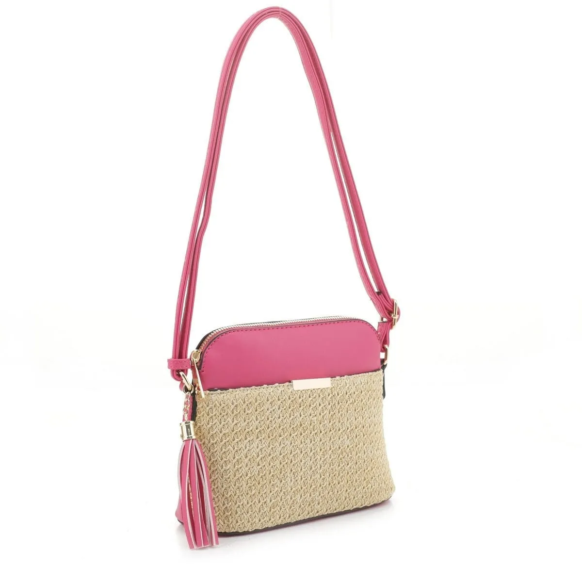 ST5314X Woven Straw Dome Crossbody Bag with Tassel