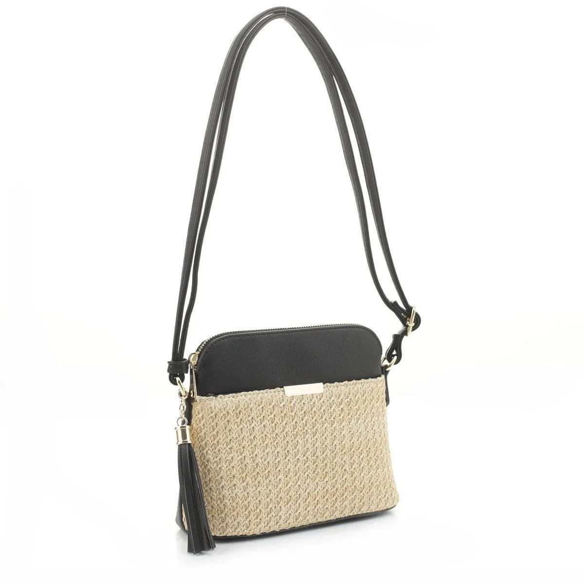 ST5314X Woven Straw Dome Crossbody Bag with Tassel