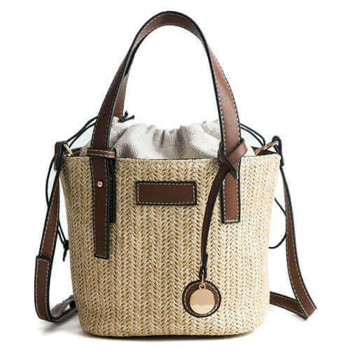 Straw Shoulder Bucket Bag with Vegan Leather Handle