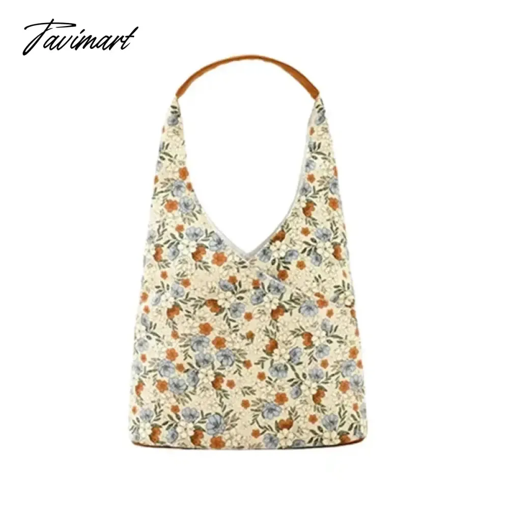 Tavimart Summer Bucket Handbag Fashion Versatile Retro Blue Flower Tote Bag Large Capacity Shoulder Underarm Bags