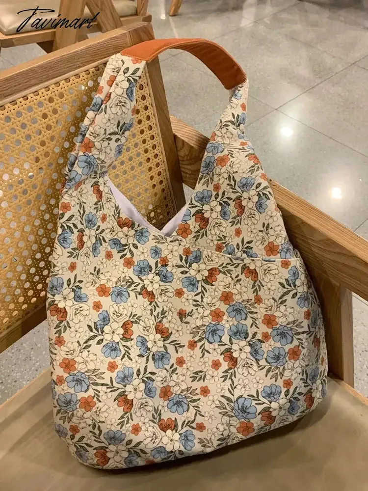 Tavimart Summer Bucket Handbag Fashion Versatile Retro Blue Flower Tote Bag Large Capacity Shoulder Underarm Bags