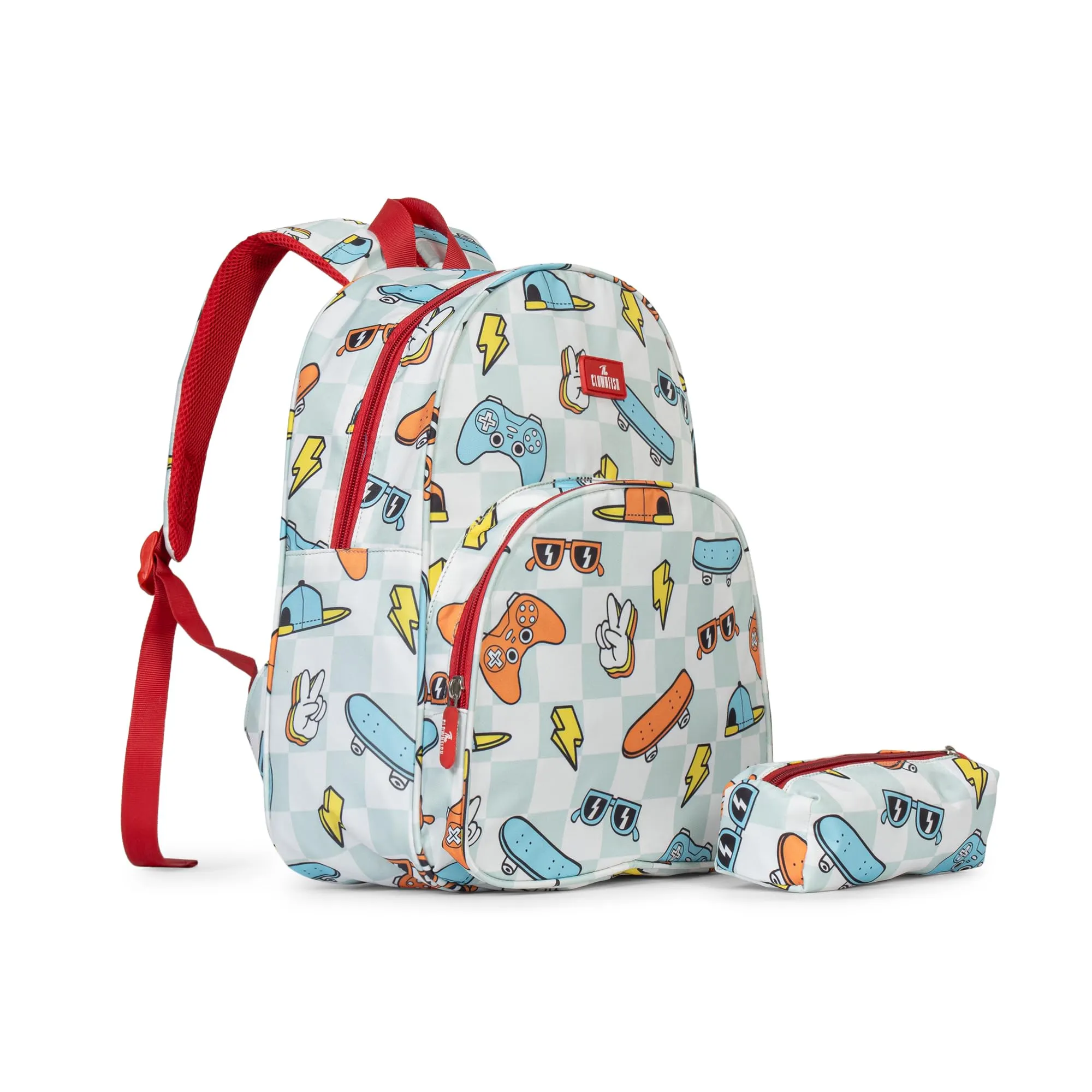 THE CLOWNFISH Cosmic Critters Series Printed Polyester 15 Litres Kids Backpack School Bag with Free Pencil Staionery Pouch Daypack Picnic Bag for Tiny Tots Of Age 5-7 Years (Grey - Cheque)