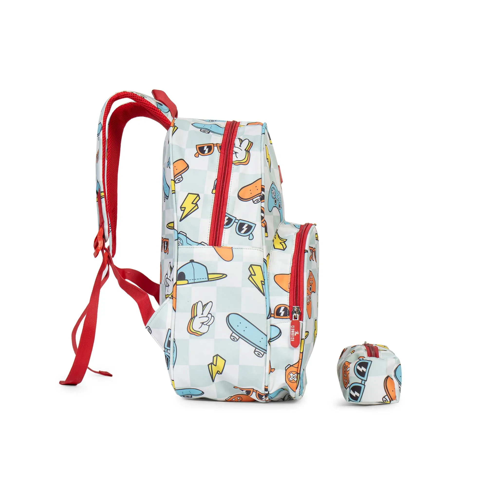 THE CLOWNFISH Cosmic Critters Series Printed Polyester 15 Litres Kids Backpack School Bag with Free Pencil Staionery Pouch Daypack Picnic Bag for Tiny Tots Of Age 5-7 Years (Grey - Cheque)