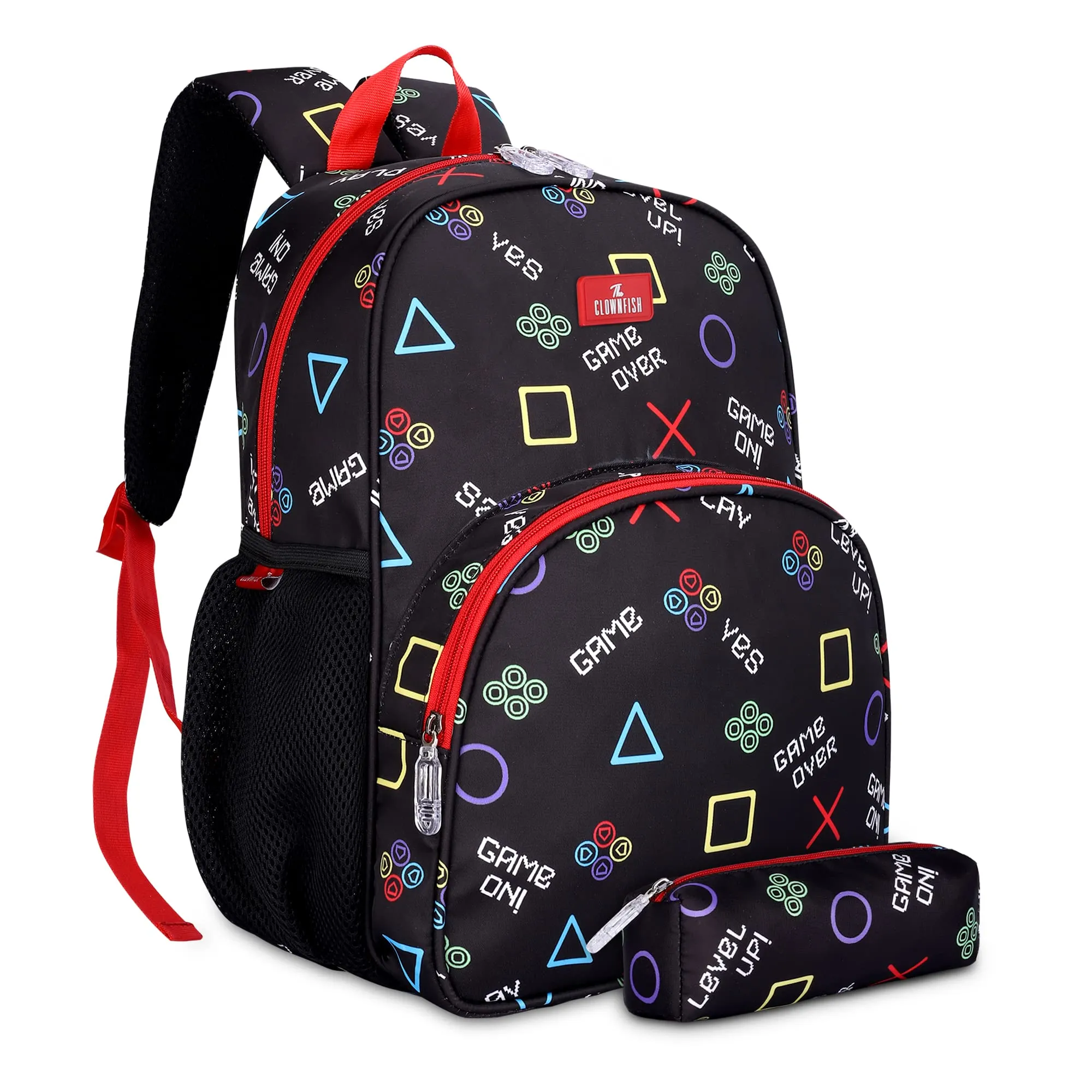 THE CLOWNFISH Cosmic Critters Series Printed Polyester 15 Litres Kids Standard Backpack School Bag Daypack Picnic Bag For Tiny Tots Of Age 5-7 Years (Charcoal Black-Geometric),Medium