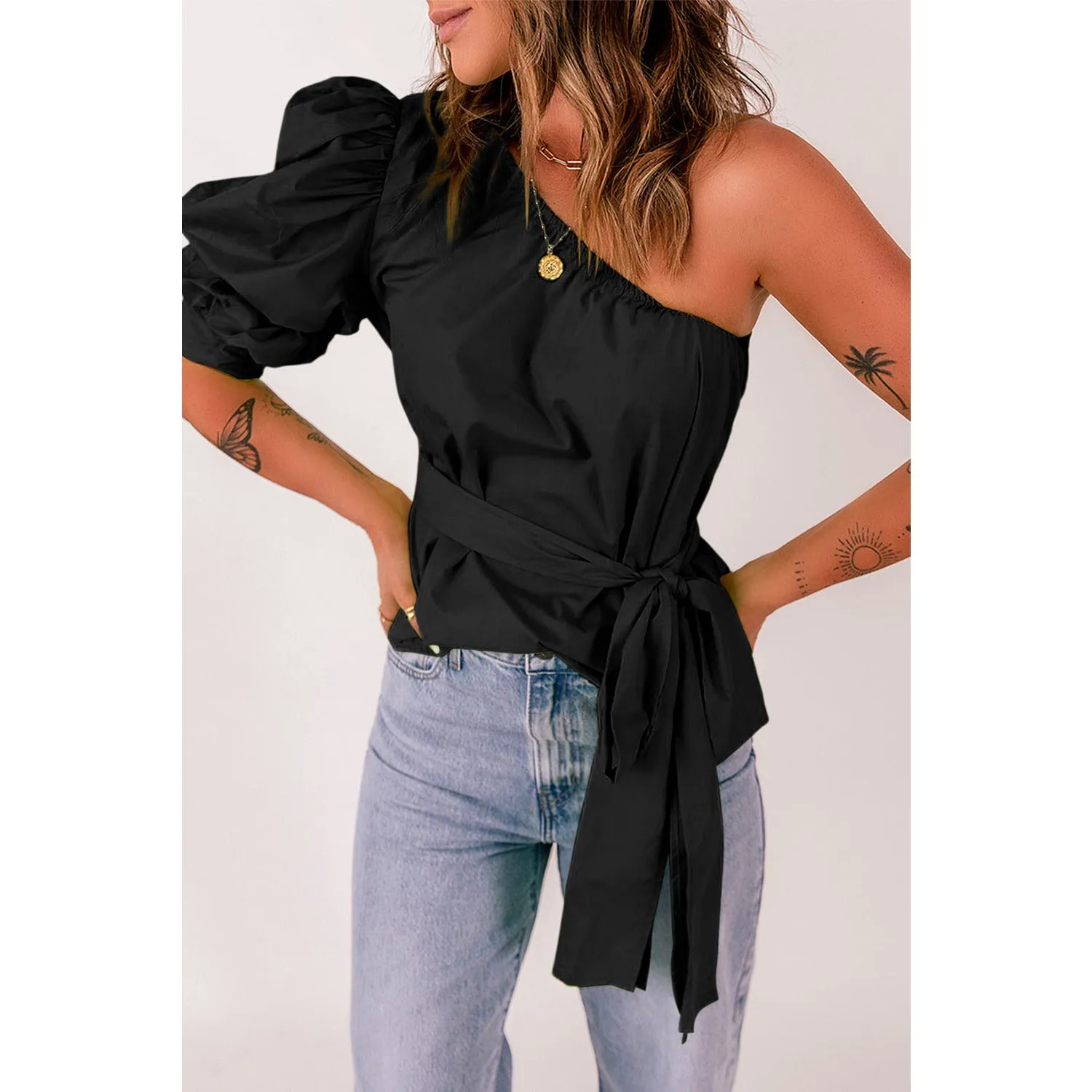 Tied Puff Sleeve One-Shoulder Top