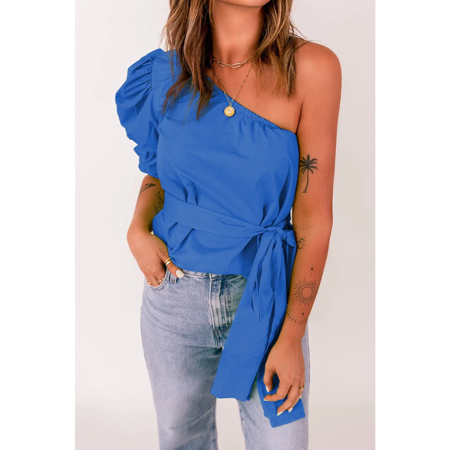 Tied Puff Sleeve One-Shoulder Top