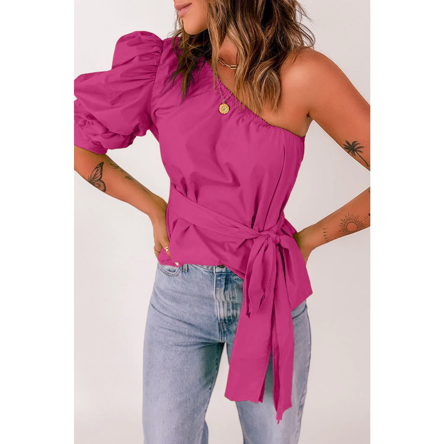 Tied Puff Sleeve One-Shoulder Top