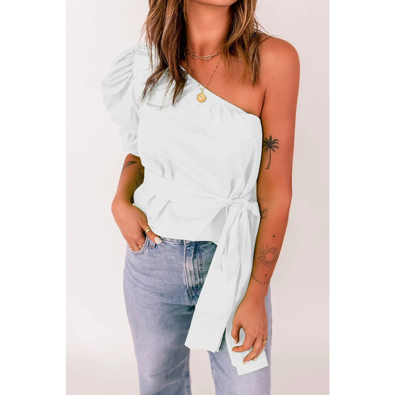 Tied Puff Sleeve One-Shoulder Top