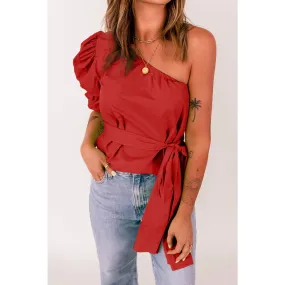 Tied Puff Sleeve One-Shoulder Top