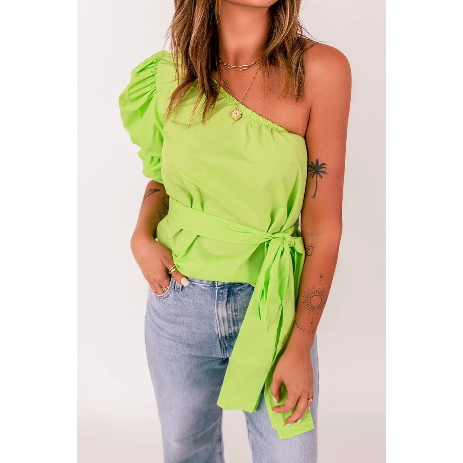 Tied Puff Sleeve One-Shoulder Top