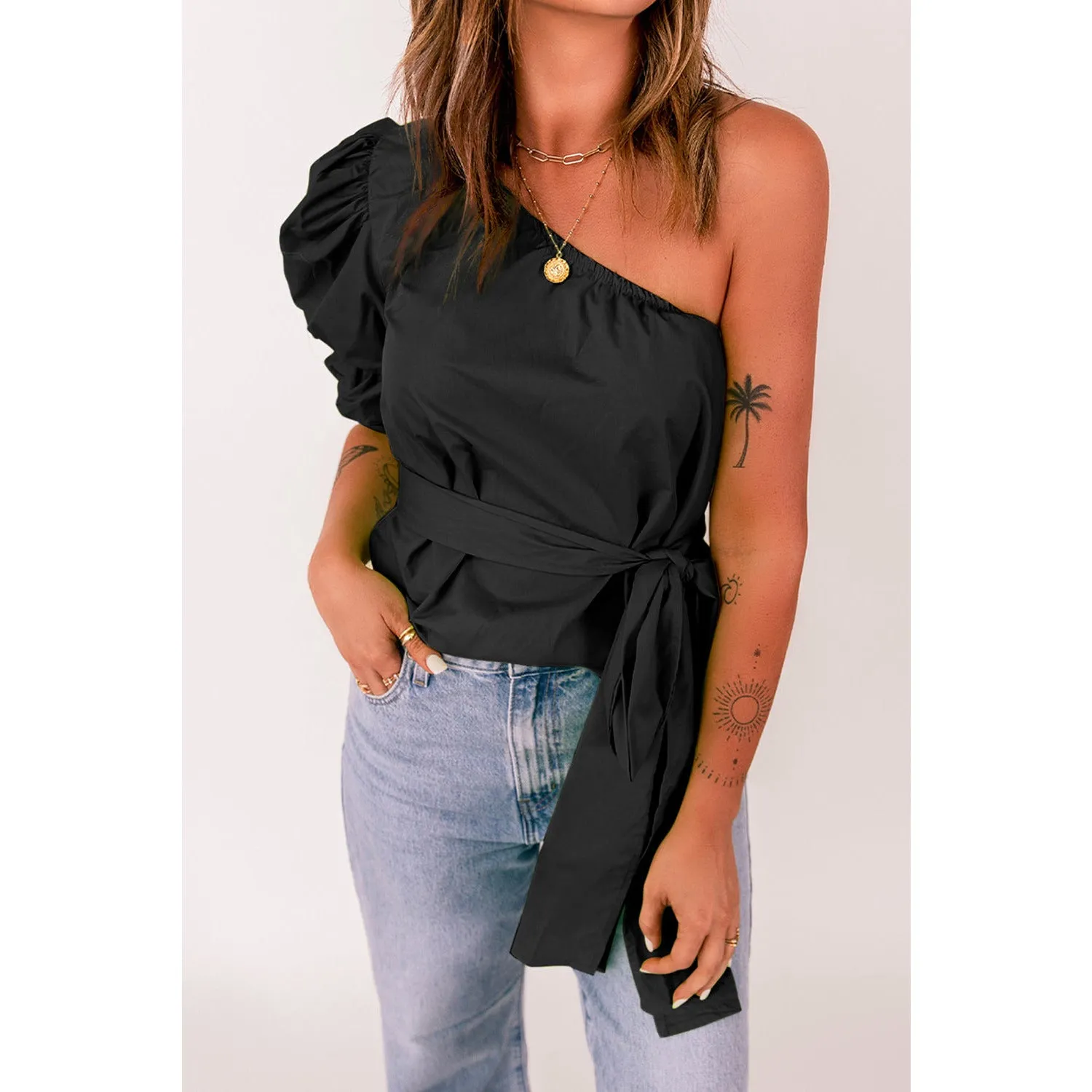 Tied Puff Sleeve One-Shoulder Top