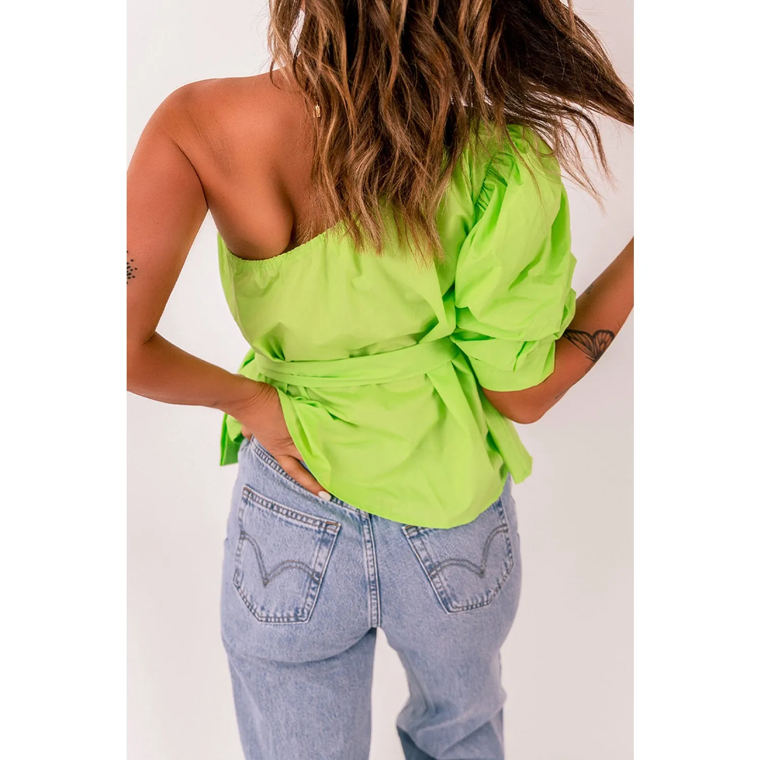 Tied Puff Sleeve One-Shoulder Top