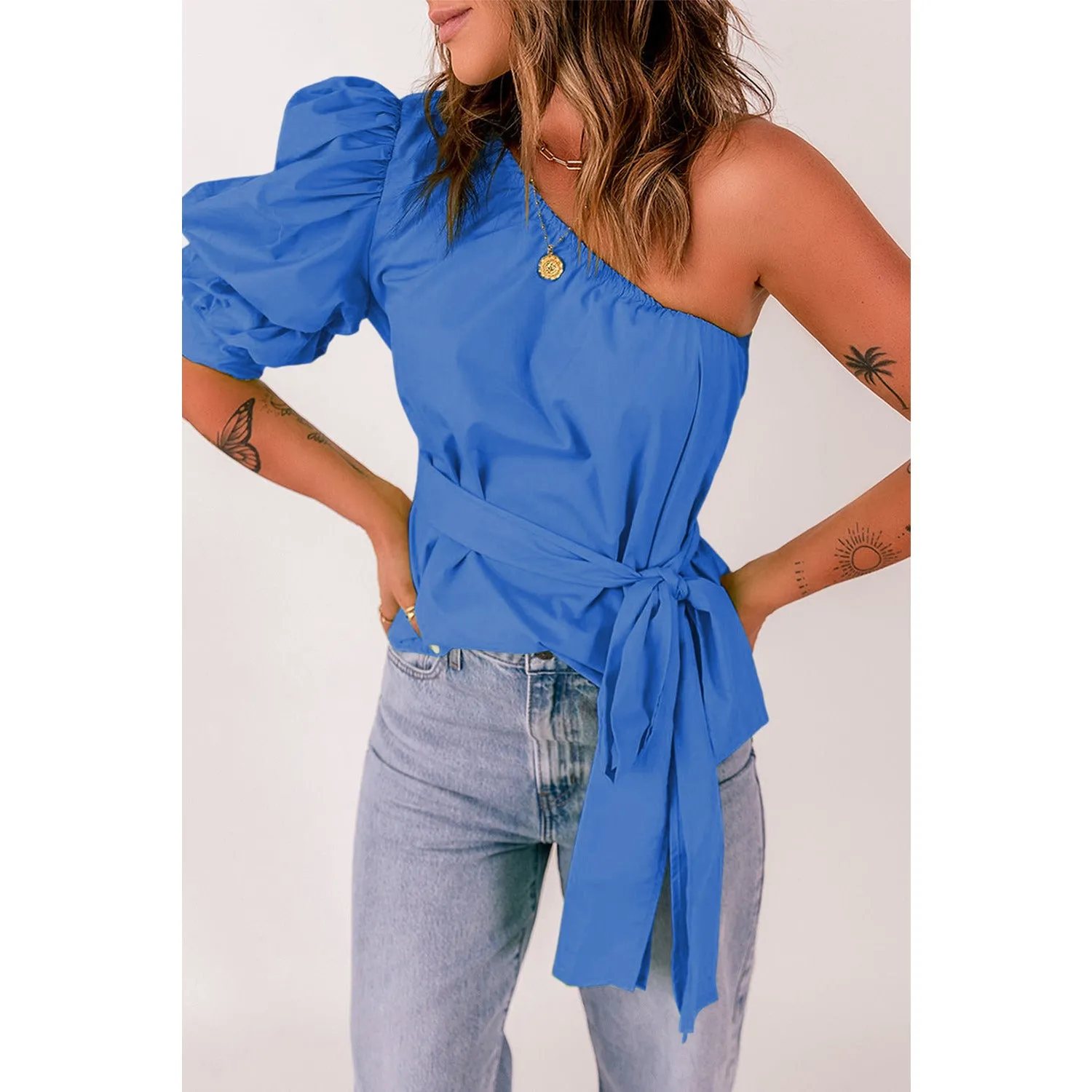 Tied Puff Sleeve One-Shoulder Top