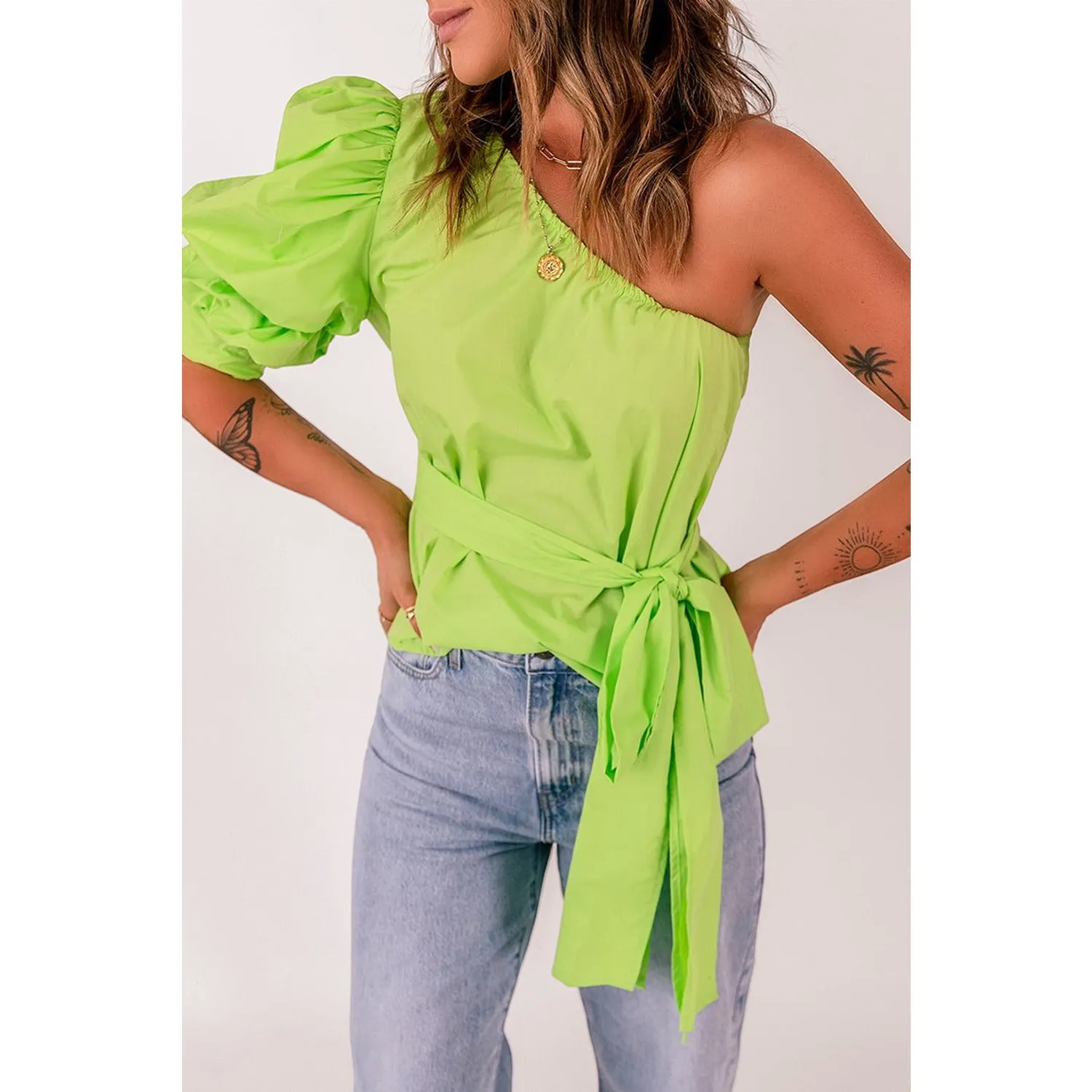 Tied Puff Sleeve One-Shoulder Top