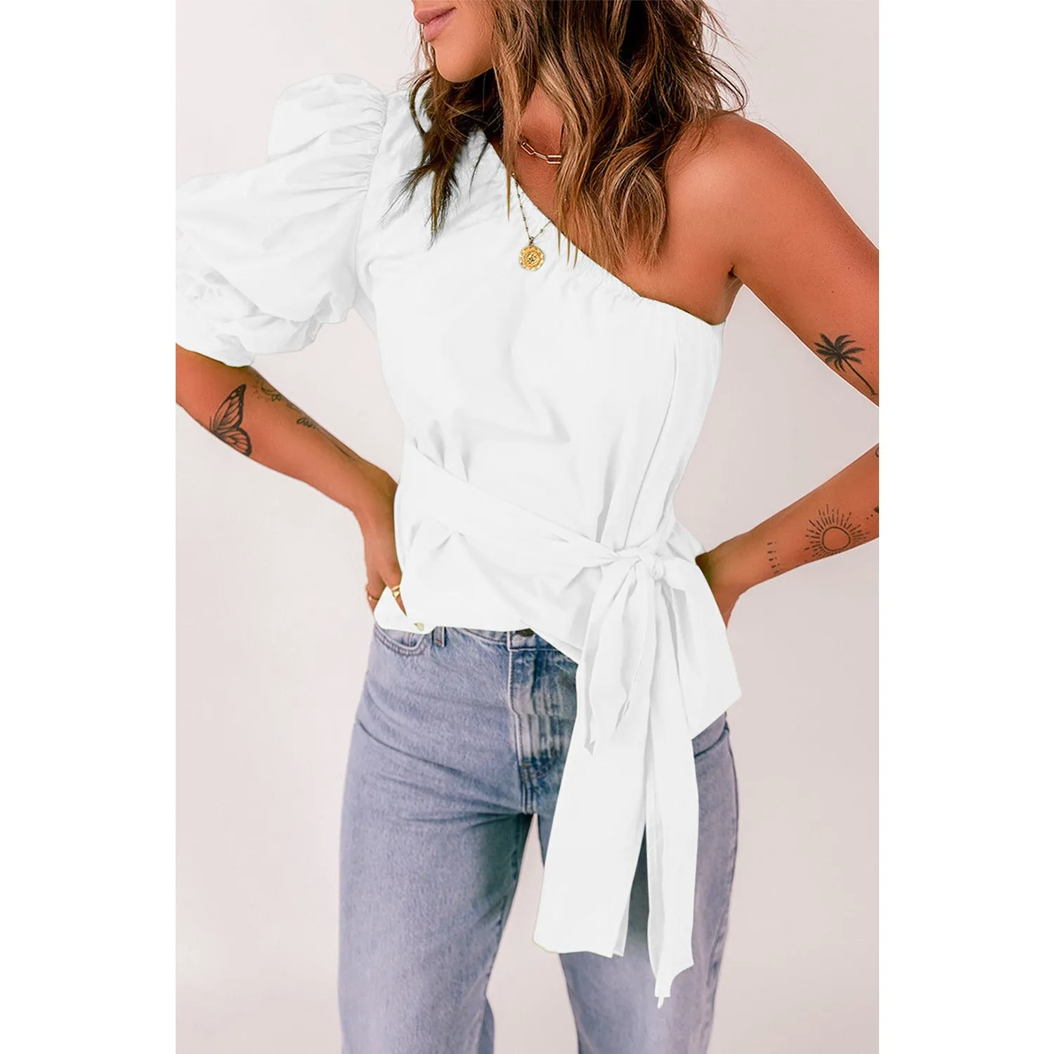 Tied Puff Sleeve One-Shoulder Top