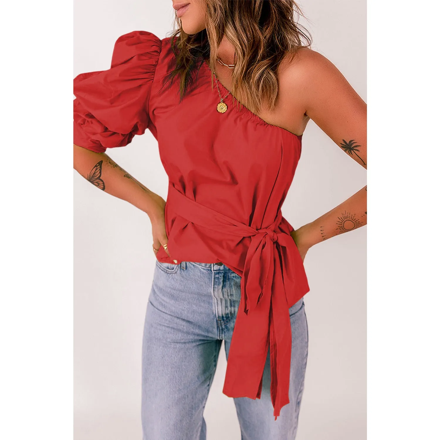 Tied Puff Sleeve One-Shoulder Top