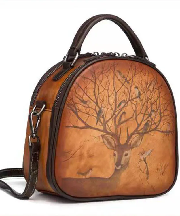 Unique Chocolate animal Paitings Calf Leather Tote Handbag