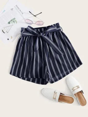 Vertical Stripe Belted Paperbag Shorts