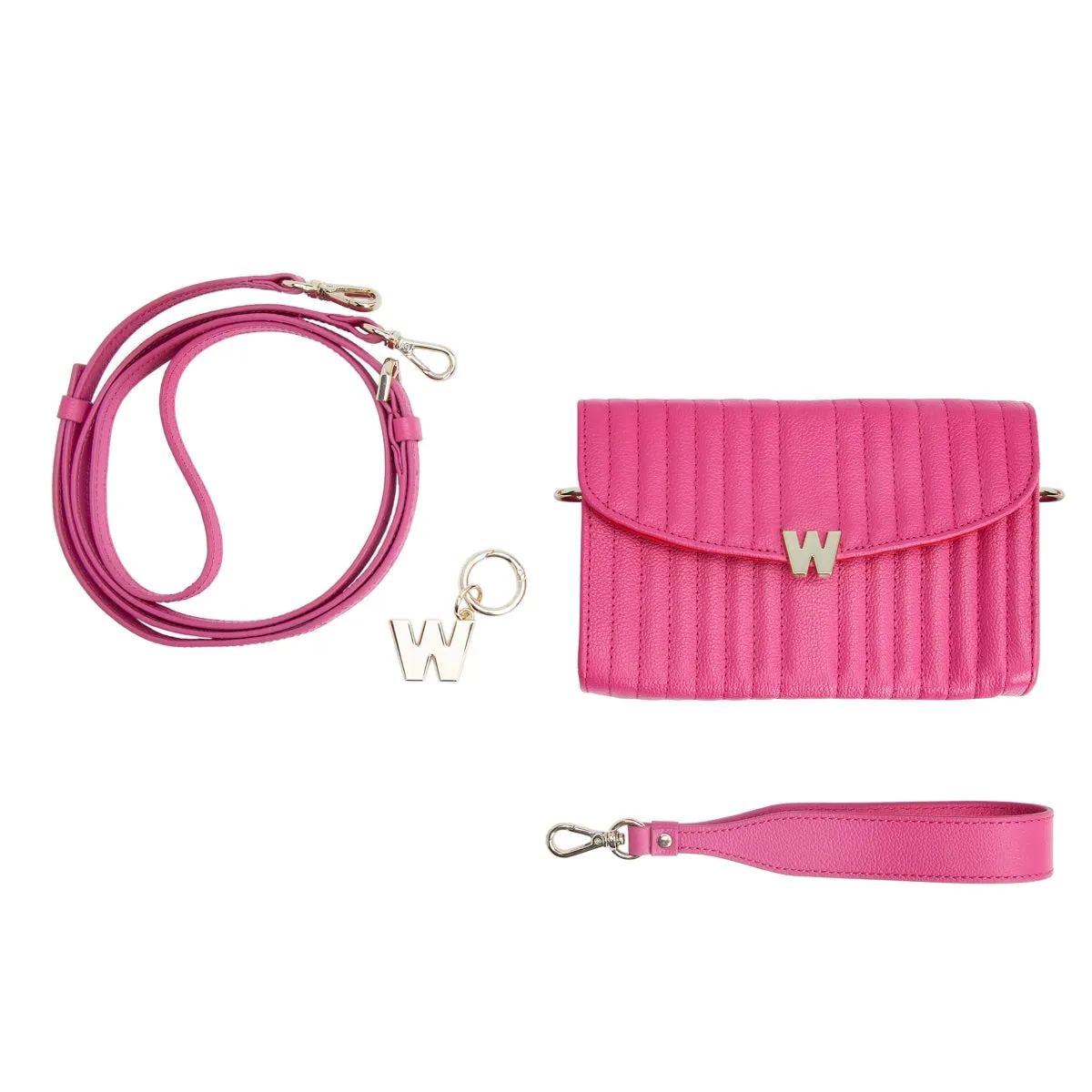 WOF Mimi Collection Leather Pink Crossbody Bag with Wristlet and Lanyard