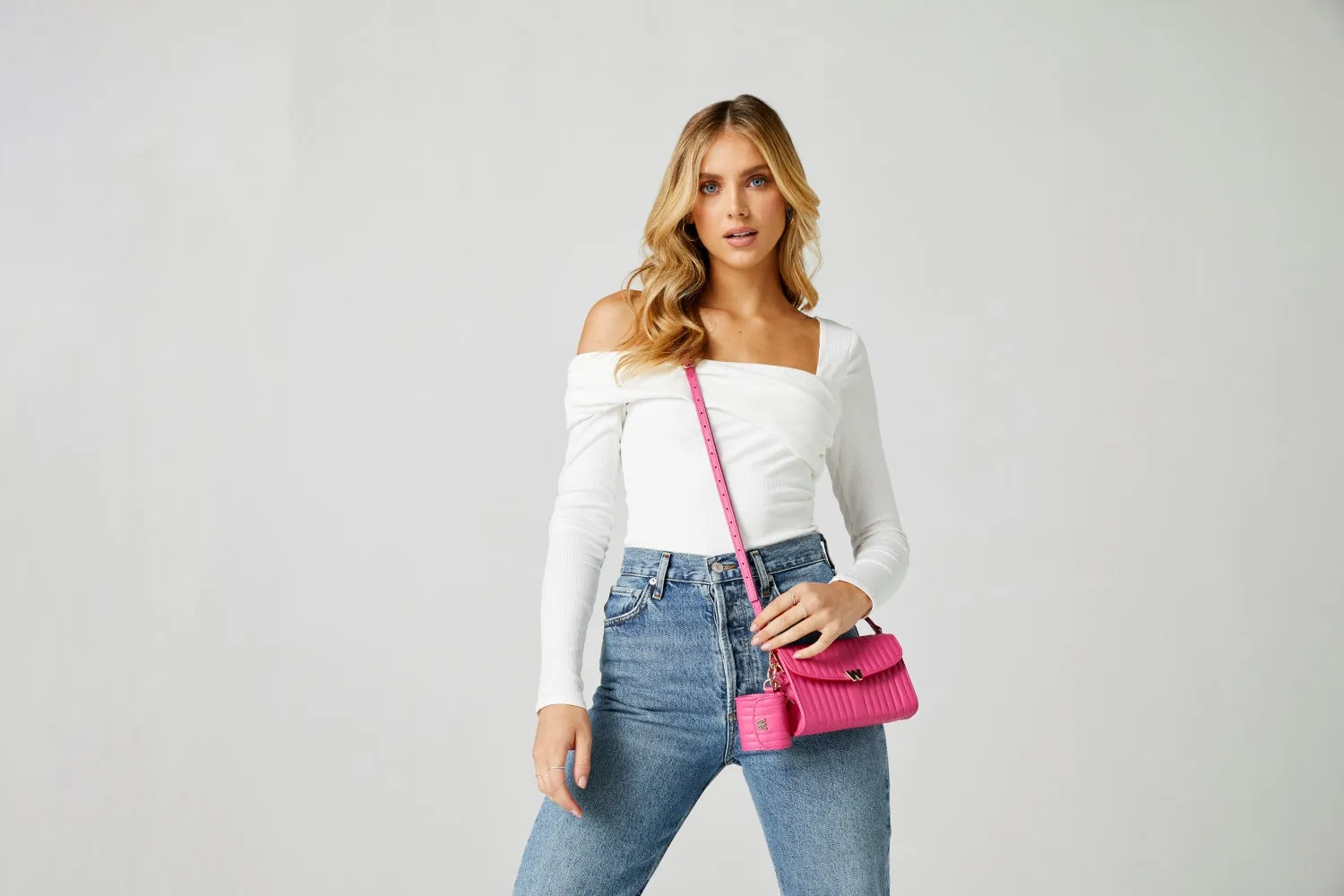 WOF Mimi Collection Leather Pink Crossbody Bag with Wristlet and Lanyard