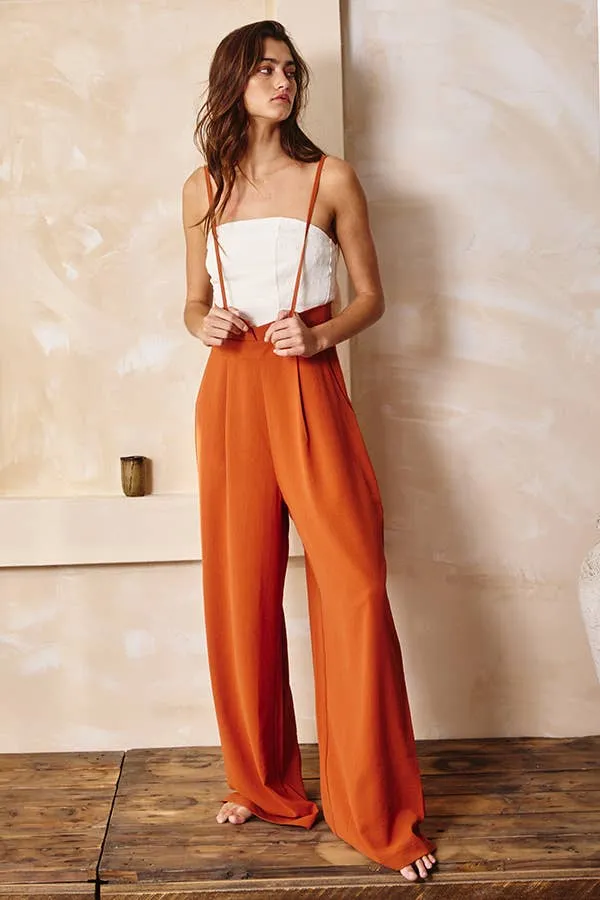 Women’s Bucketlist solid rust paper bag high waist wide leg solid knit suspender pants