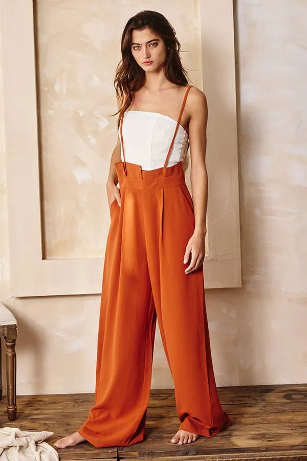 Women’s Bucketlist solid rust paper bag high waist wide leg solid knit suspender pants