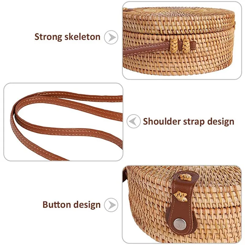 Womens Straw Woven with Leather Strap Round Rattan Bag