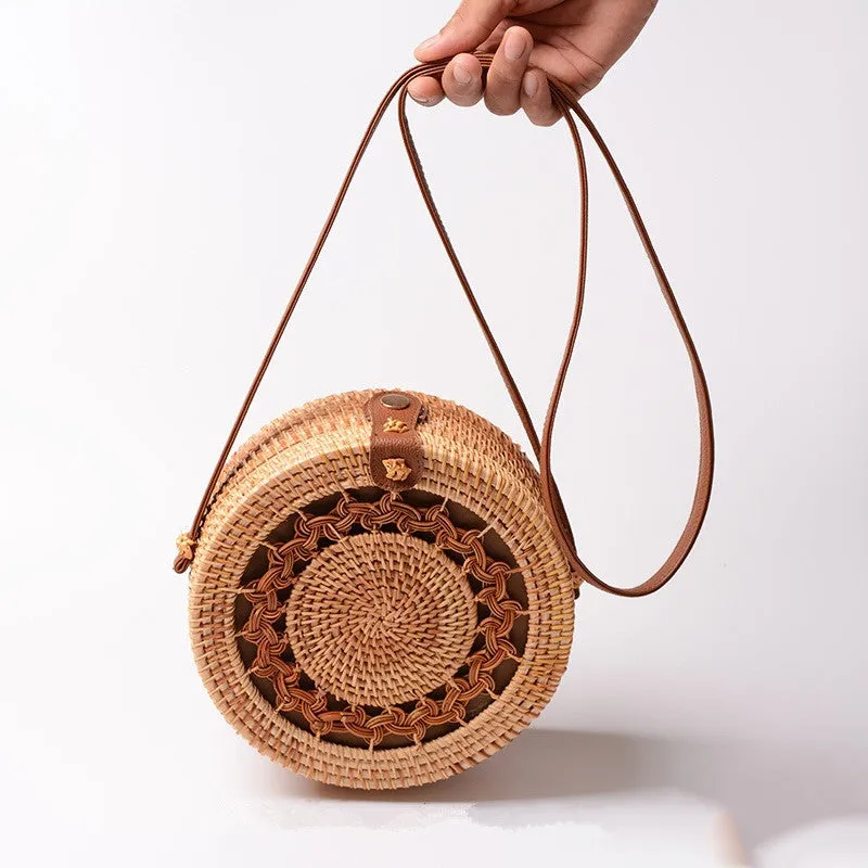 Womens Straw Woven with Leather Strap Round Rattan Bag