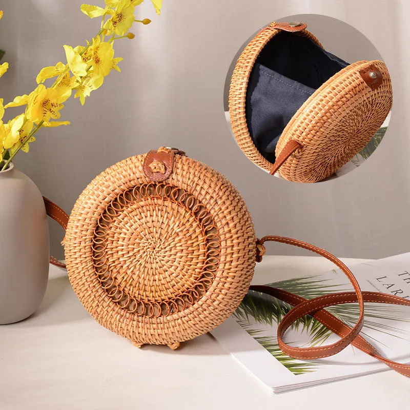 Womens Straw Woven with Leather Strap Round Rattan Bag