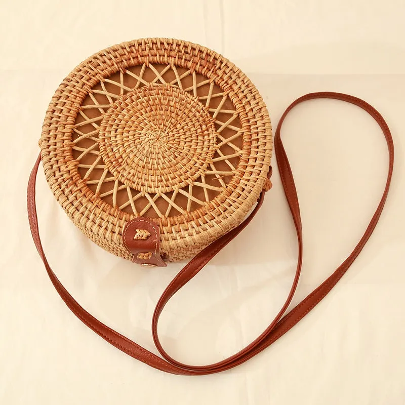 Womens Straw Woven with Leather Strap Round Rattan Bag