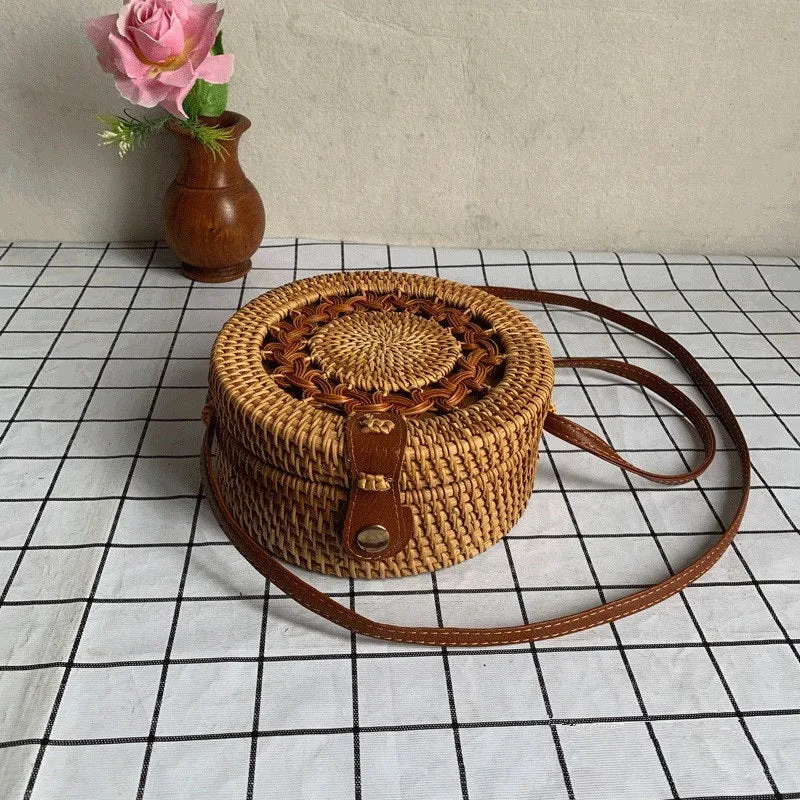 Womens Straw Woven with Leather Strap Round Rattan Bag