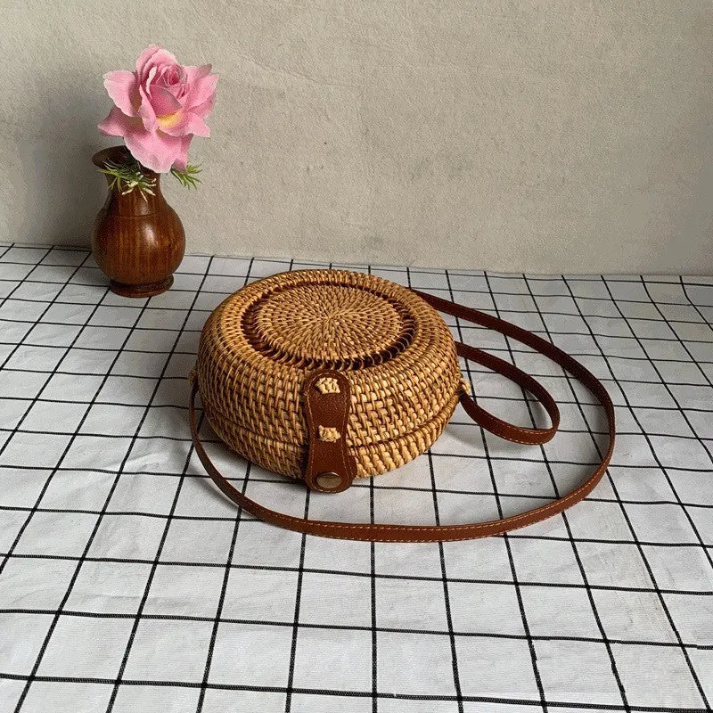 Womens Straw Woven with Leather Strap Round Rattan Bag